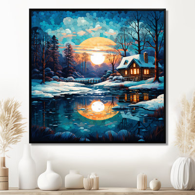 Winter Cottage Blue Snow Sunset Forest - Winter Landscape Wall Art Print