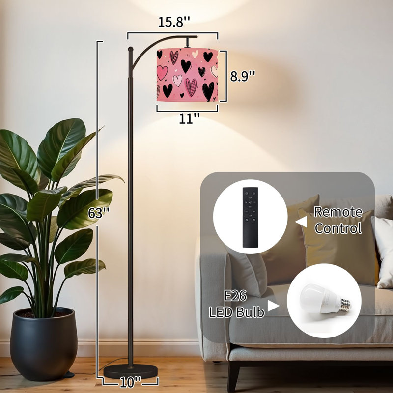 Lampe sur pied arquée avec abat-jour réglable, lampe sur pied en forme de cœur coloré, 3 températures de couleur, intensité variable, avec interrupteur au pied pour chambre à coucher
