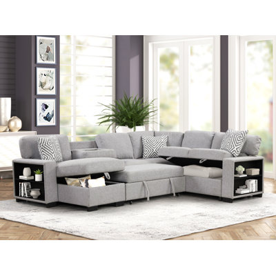 Cairo Modern Style Sectional With Pullout Sleeper, Storage 2 Bookcase And USB Made With Wood And Metal In Gray(B009 -NJ Inventory)