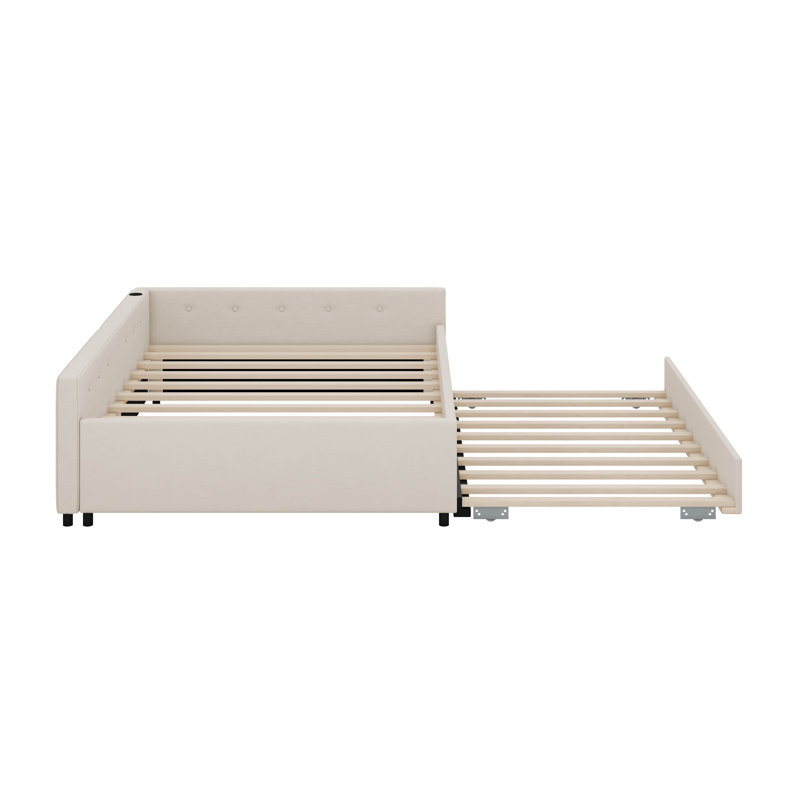 Lit plateforme tapissier avec port USB et lit gigogne simple, Double