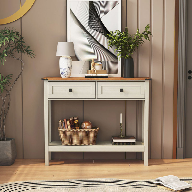 Farmhouse Style Console Table With 2 Drawer And Bottom Storage Shelf For Entryway, Espresso/White