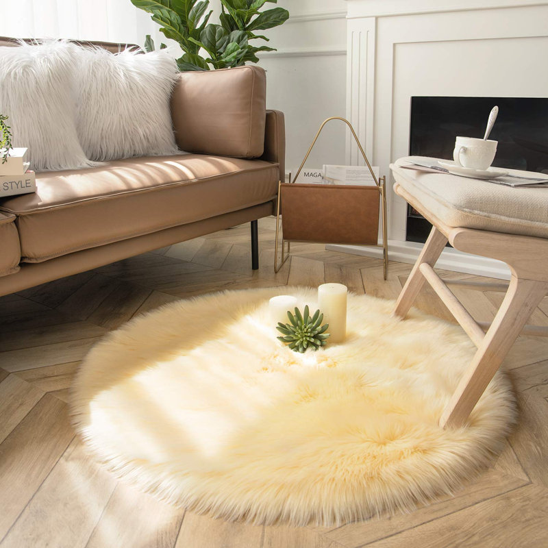 Haja Yellow Fluffy Faux Sheepskin Fur Shag Area Rug, Round 3'