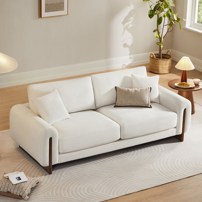 90'' Modern Upholstered Sofa with Solid Wood Legs, Deep Seating Chenille Fabric Couch for Living Room, Cream