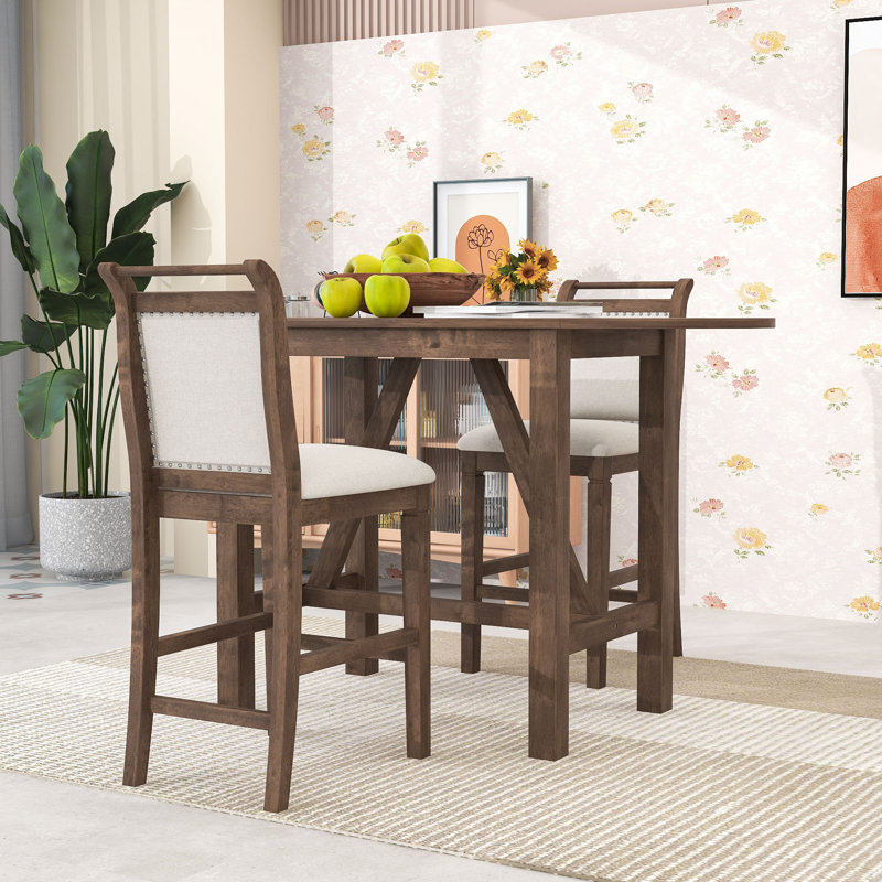 Shilonda 3-Piece Counter Height Dining Set, Wood Table with 2 Linen Upholstered Chairs, Brown, Brown