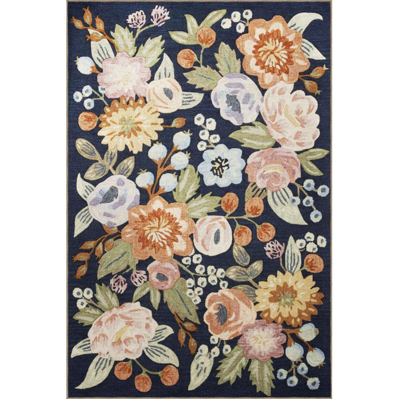 Navy Blue Themed Floral Multicolored Flower And Rose Patterned Modern Decorative Carpet, Rectangle 5'2" x 7'7"