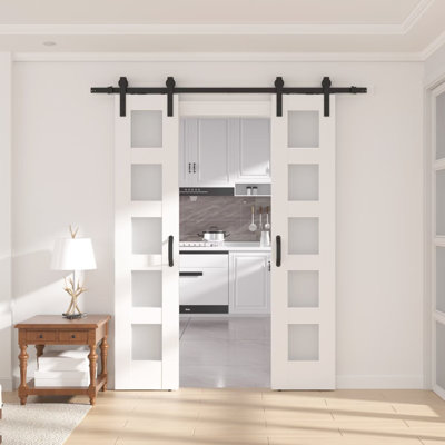 ATT Double 5-Panel Frosted Glass Sliding Barn Door Hardware Kit, Barn Door,6.6 FT Rail(Barn Doors and Hardware Included) -  ATT-7788030