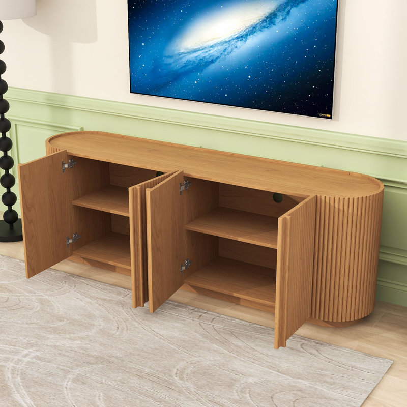 Meuble télé avec portes cannelées, tablettes réglables, trous pour câbles et armoire à bord courbé, Naturel