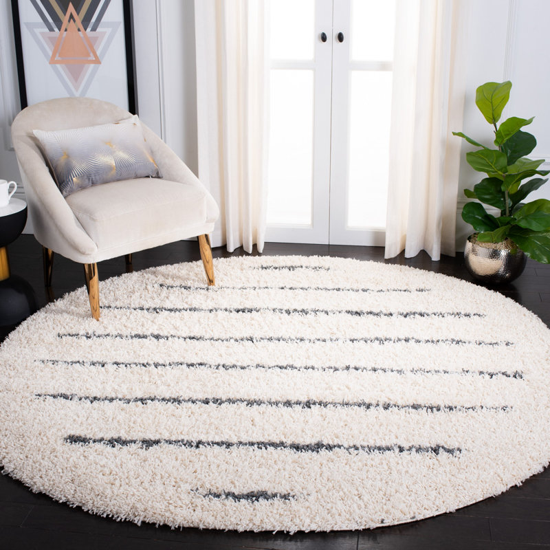 Tapis rayé ivoire / gris foncé Siragan, Rond 2 pi 7 po