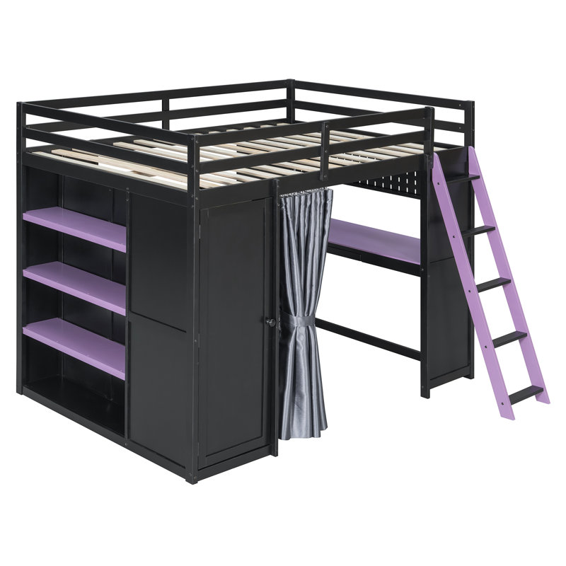 Modern Gaming Loft Bed With Desk, Lighted Pegboard, Storage Bookcase And Wardrobe, Purple