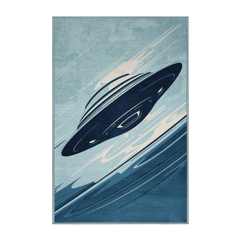 Tapis bleu lavable à la machine à soucoupe volante Maurice Alien, 2 x 4