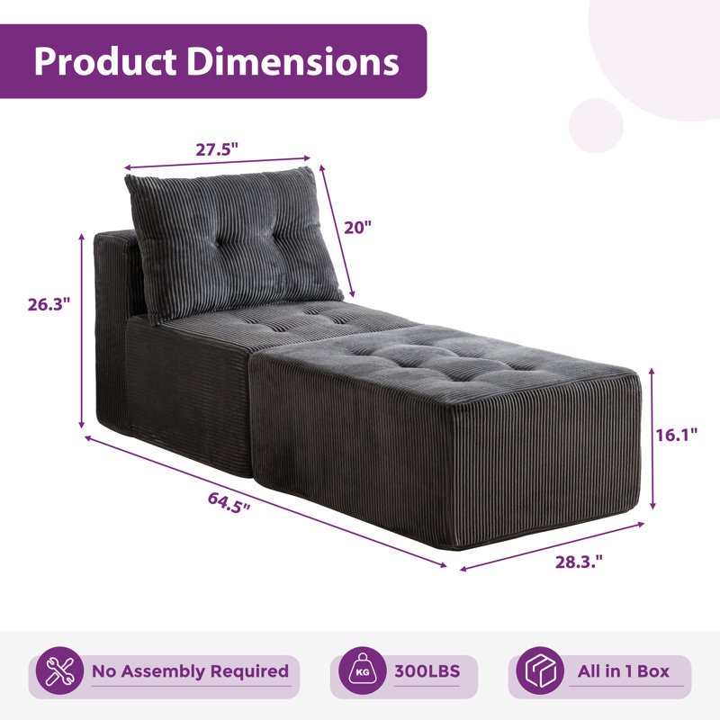 Canapé modulaire avec méridienne, Velours côtelé gris