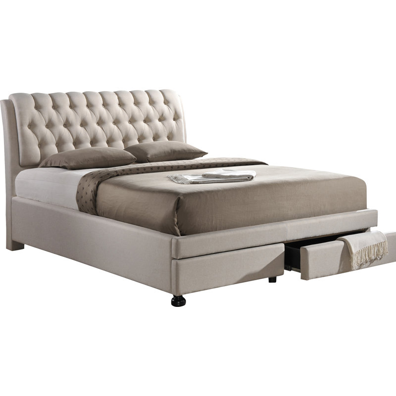 Lit plateforme tapissier avec rangement Melwin, Grand, Beige clair