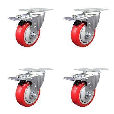 4 Inch SS Polyurethane Top Plate Caster Set Total Lock Brake SCC