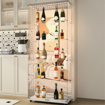 Tempered Glass Storage Cabinet With Led Strip , Locked Door, Mirror Rear, White Color, For Bedroom And Office, 110 Lbs Capacity