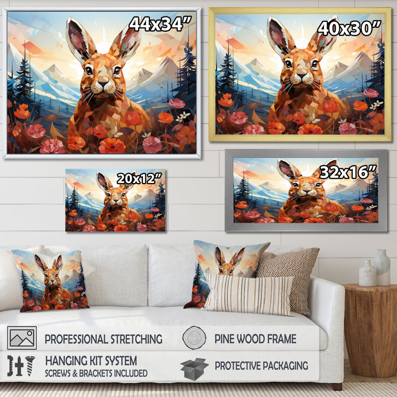Rabbit Energetic Hopper Geometric I - Animals Wall Art Prints, Cadre photo argenté, H 30 po x l 40 po x P 1,5 po