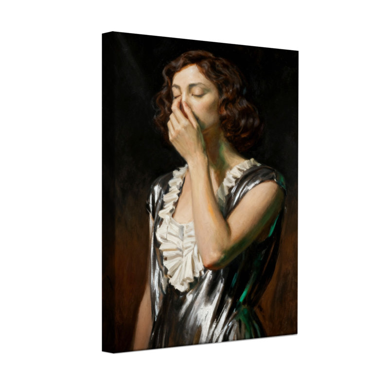 Femme abstraite en robe avec la main sur le visage, H 30 po x l 20 po