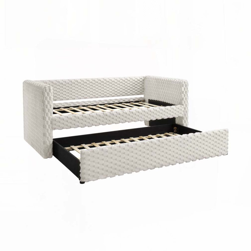 Daybed Armrest Pull Out Trundle ,Textured Fabric, White