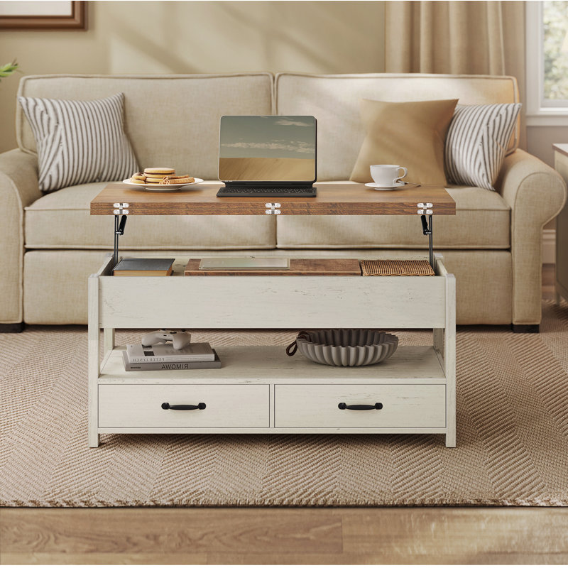 Coffee Table With Lift Tabletop, 2 Drawers, White, White