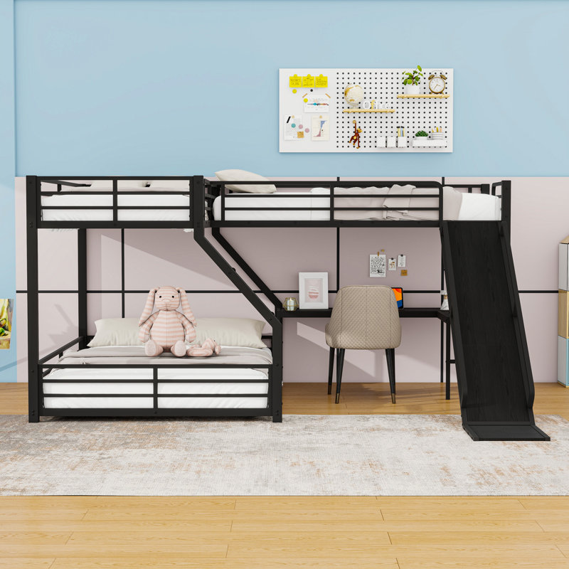 Triple L-Shape Bunk Bed With Slide And Desk,USB Ports, Twin XL over Queen;Twin