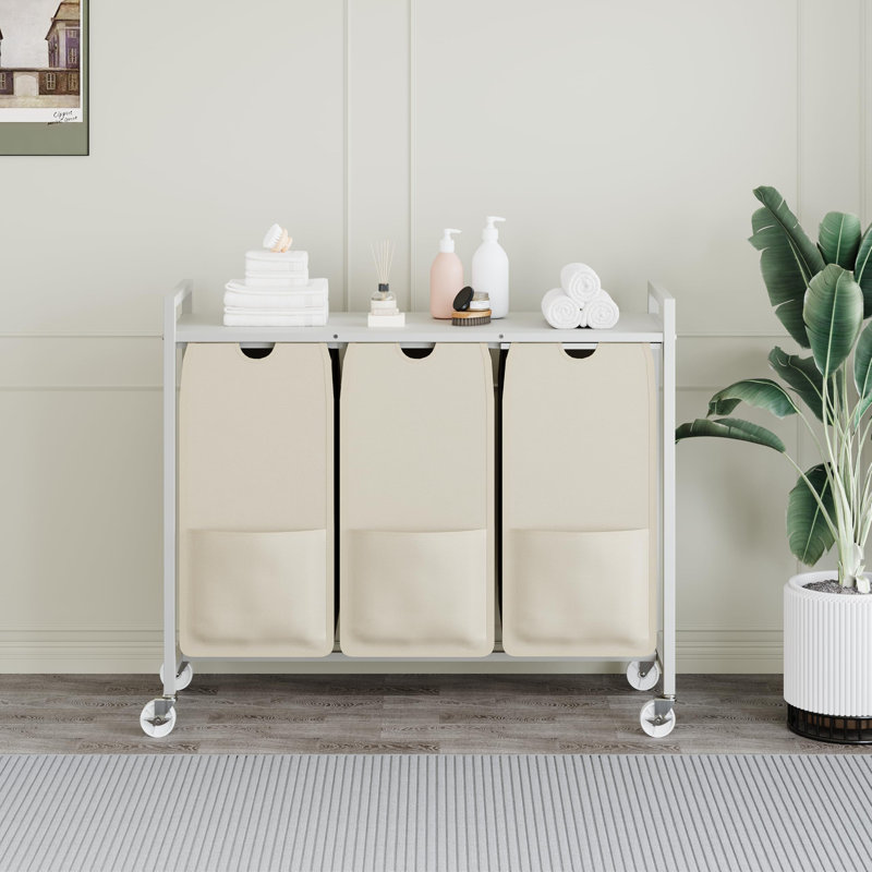 Laundry Sorter with Wheels and Removable Bags, 3-Bin Rolling Storage Cart with Shelf for Bedroom Bathroom Dorm, 33" Space-Saving Hamper