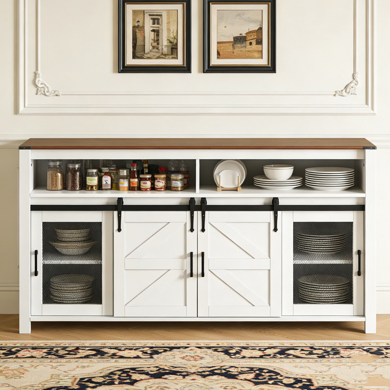 Buffet de ferme avec rangement ouvert 59,3 po avec porte de grange coulissante et panneaux grillagés, Brun / blanc