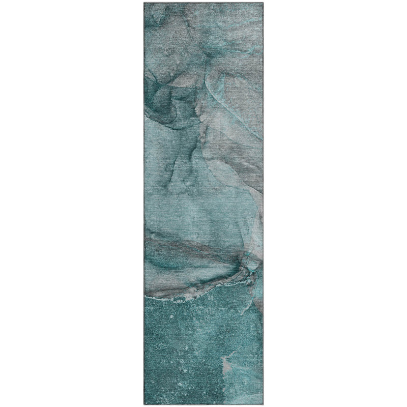 Premium Machine Washable Cerrito AMF524 Teal Rug, Runner 2'3" x 7'6"