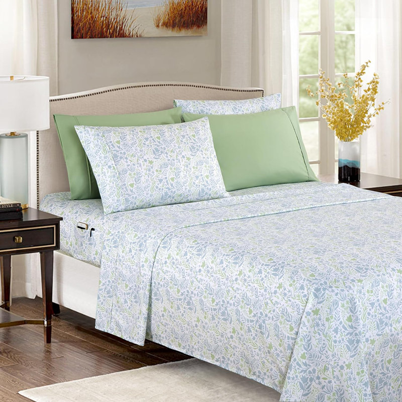 Polyester Floral Sheet Set, Twin Sheet Set + 1 Fitted Sheet + 2 Pillowcases