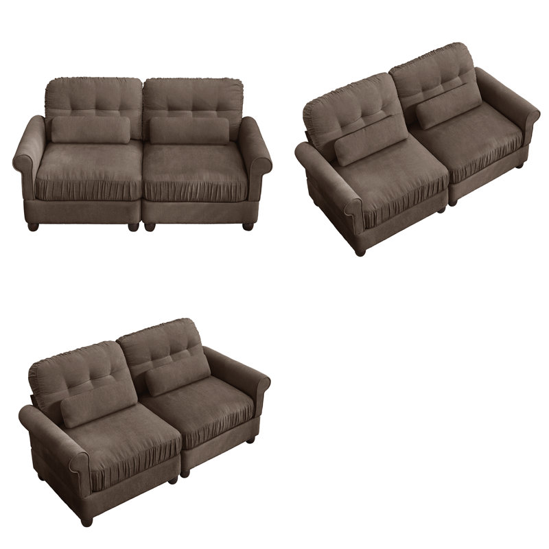 Canapé moderne à deux places à bords volantés, rembourré en chenille douce avec coussins décoratifs, idéal pour les petits espaces, brun