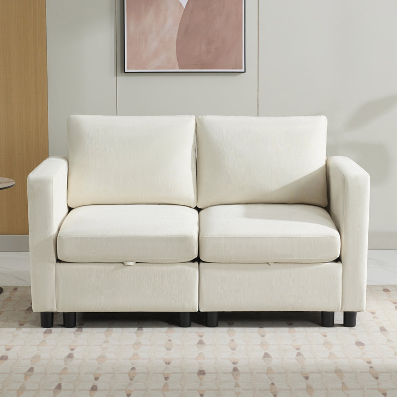 58.3” Upholstered Loveseat Modular Sofa With Under-Seat-Storage, Chenille, Beige Chenille