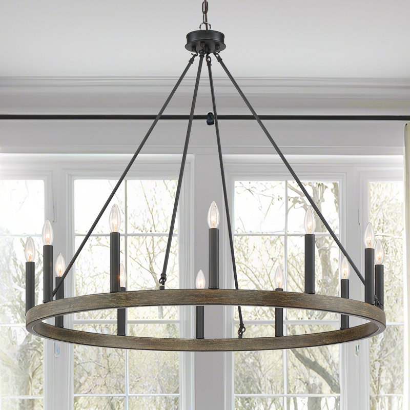12-Light Wagon Wheel Candle Style Chandelier, Californian walnut/classic black