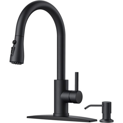 Robinet de cuisine noir avec distributeur de savon, robinet d'évier en acier inoxydable avec douchette rétractable, poignée simple à grande arche avec 3 modes de pulvérisation pour la maison de campagne, le véhicule récréatif, le camping-car et la lessive