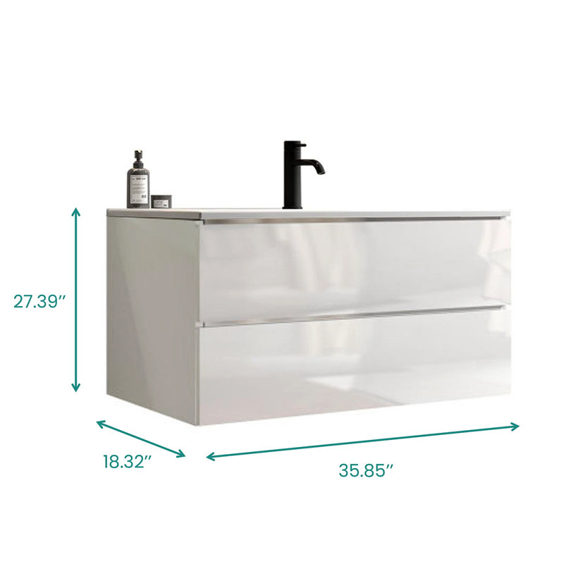 Meuble-lavabo mural 36 po avec lavabo en céramique à un trou, grand meuble-lavabo flottant avec rangement pour salle de bain moderne, pré-assemblé