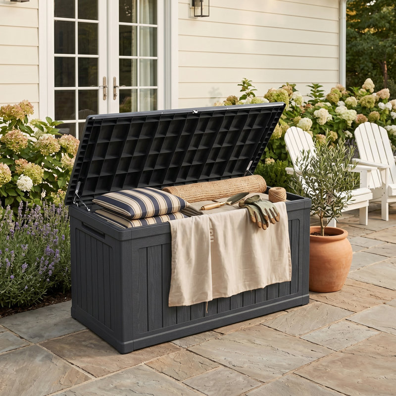 230 Gallon Resin Outdoor Storage Deck Box with Wood Texture, Black