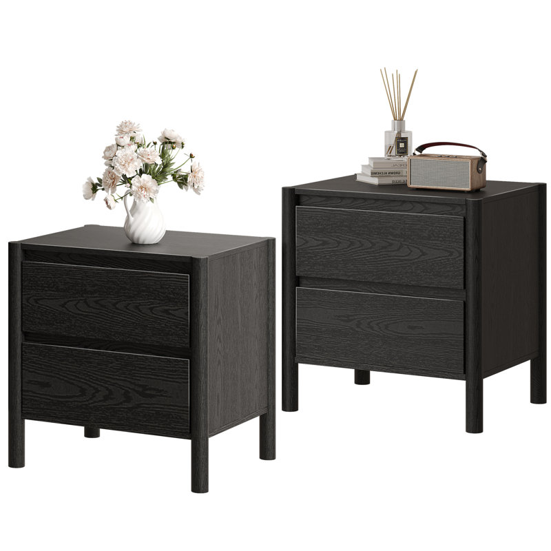 Modern Nightstand With 2 Drawers, End Table With Round Legs For Living Room, Bedroom（Set of 2）, Black