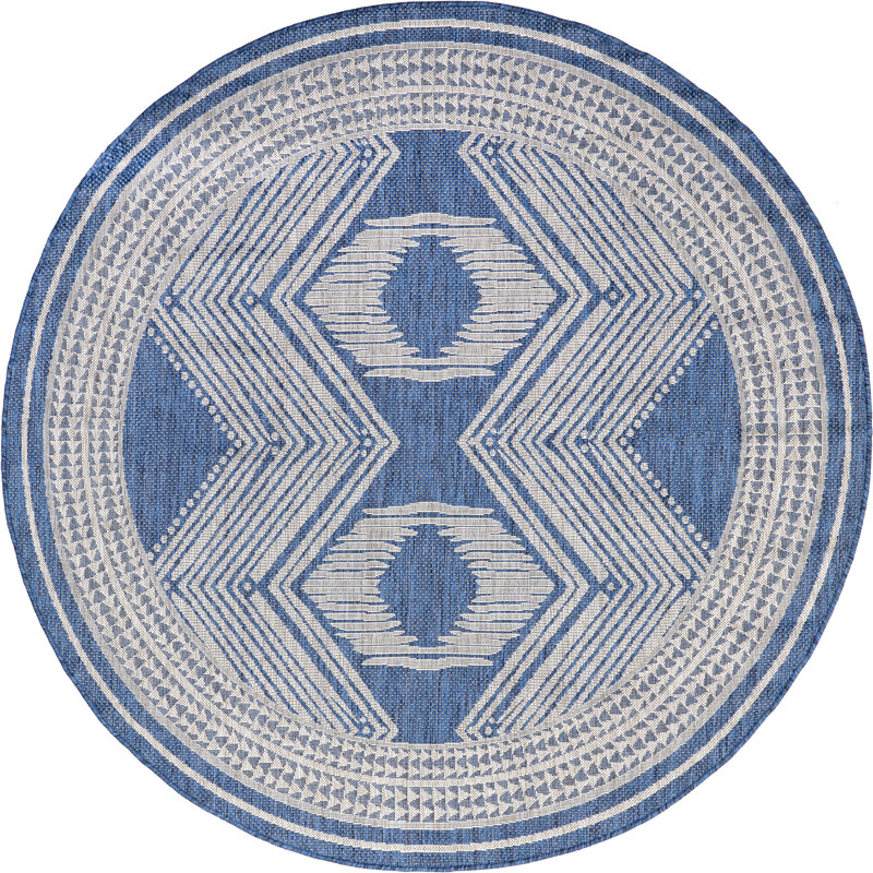 Tapis intérieur / extérieur Tribal, Bleu clair / ivoire, Rond 6 pi 7 po