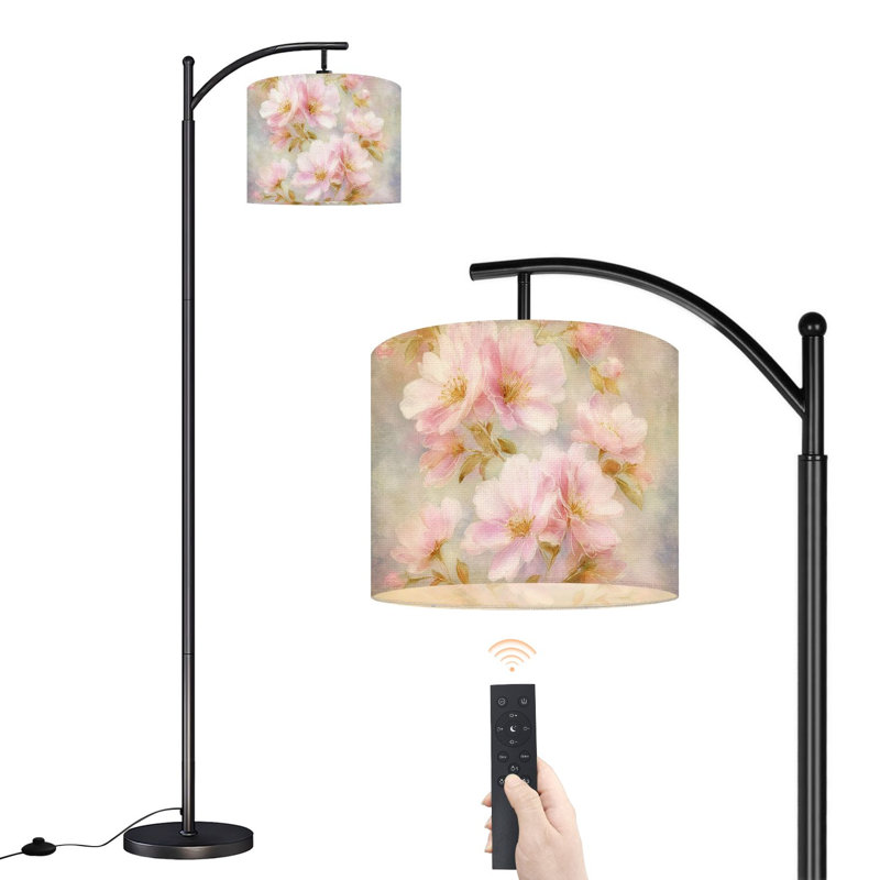 Lampe sur pied à arc Arc en rose doux avec aquarelle et lampes dorées avec télécommande et abat-jour à DEL Abat-jour réglables Hautes lampes de lecture pour salon de bureau