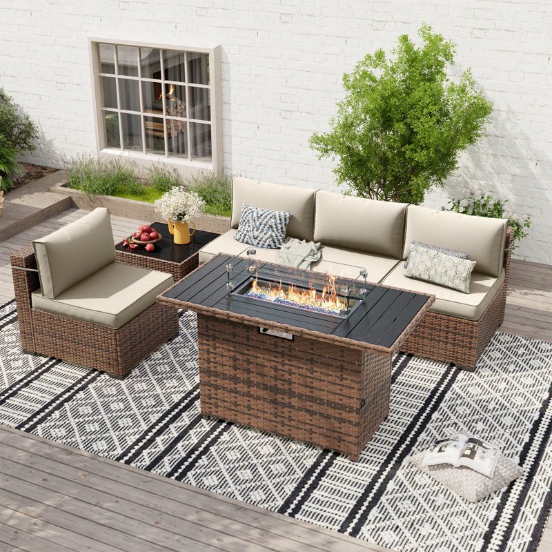 Rikuto 4-Person Conversation Sets With Supportive Back Cushions, Fire Pit Table, Coffee Table, Cream