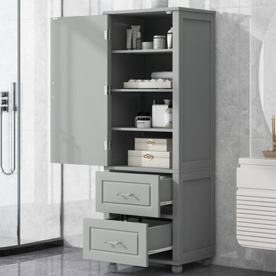 Tall Bathroom Storage Cabinet, Freestanding Storage Cabinet With Two Drawers And Adjustable Shelf, MDF Board With Painted Finish