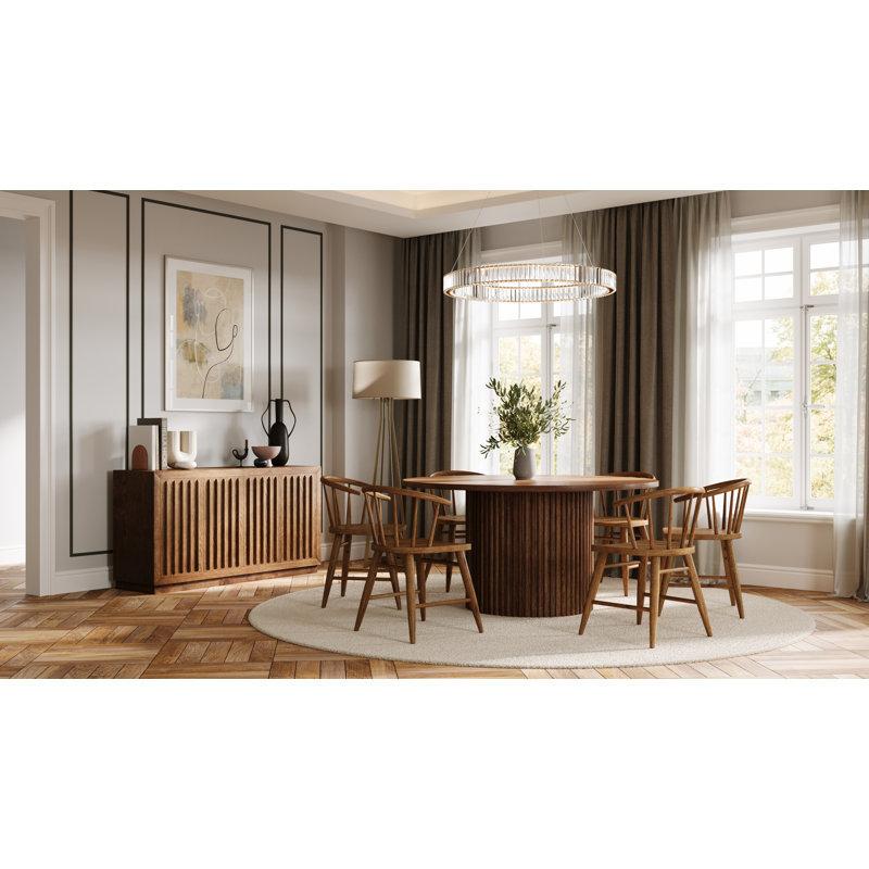 Crumpton Mid-century Modern Seven Piece Fitz Pedestal Dining Set, Walnut, Walnut
