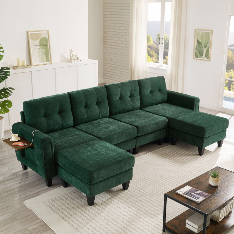 Canapé modulaire en U de 115 po avec 2 repose-pieds et tables d'appoint pliables Roomfitter, chenille, vert, Vert