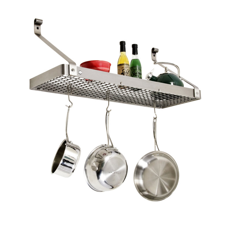 Handcrafted Gourmet Bookshelf Wall Rack with 12 Hooks, Stainless Steel, 14" H x 36" W x 9" D