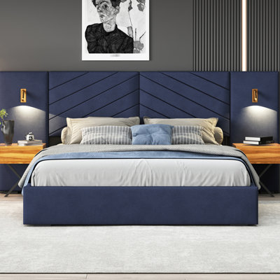 Grand lit plateforme en velours bleu rétro - Construction, tendance avec structure et tête de lit en bois