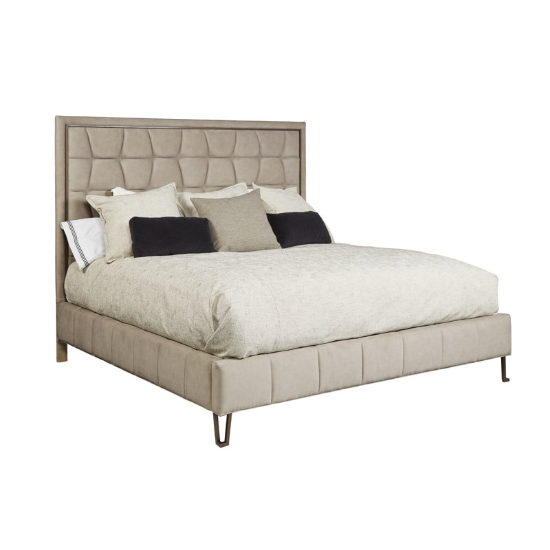 Beige Queen Upholstered Bed with Tufted Headboard and Drawer
