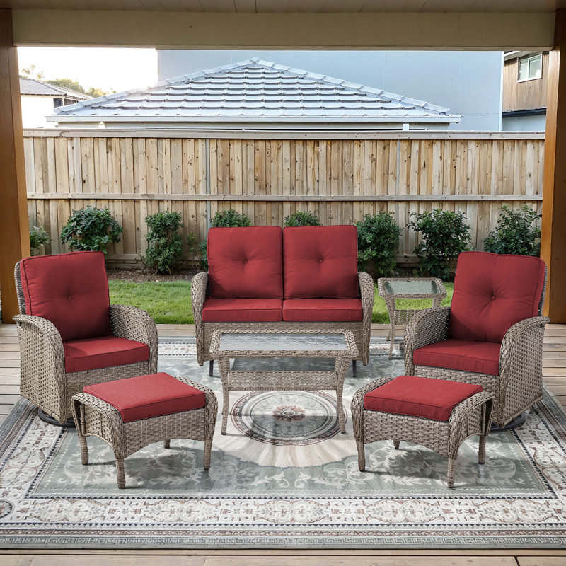 This Stylish Willow Terrace Glider Loveseat Conversation Set Turns Your Outdoor Area Into A Private Vacation Destination.It Includes A Glider Loveseat,  2 Classic Swivel Chairs, A Side Table, 2 Ottomans And A Coffee Table. Its Design Aims To Balance Comf