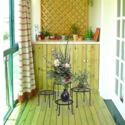 Tablettes pour plantes en métal à 4 niveaux - peinture de cuisson noire avec motif rond, fonte robuste intérieure / extérieure, charge maximale de 20 à 40 kg par niveau