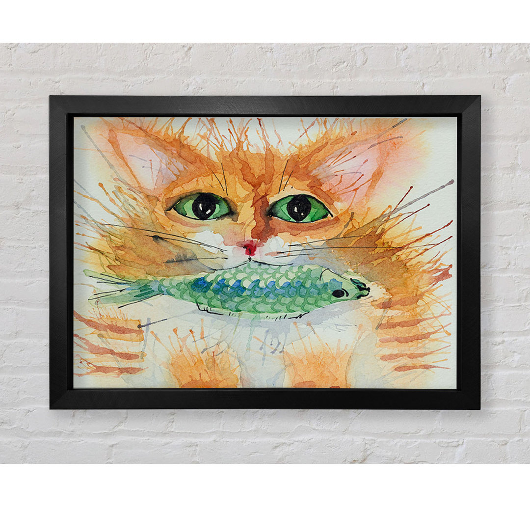 Aquarell Katze mit Fisch - Druck