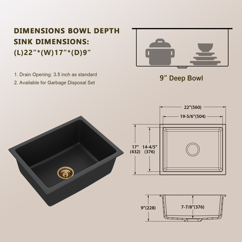 22'' L x 17'' W Undermount Quartz Single Bowl Kitchen Sink with Sink Grid, Basket Strainer and Roll-up Rack, Black