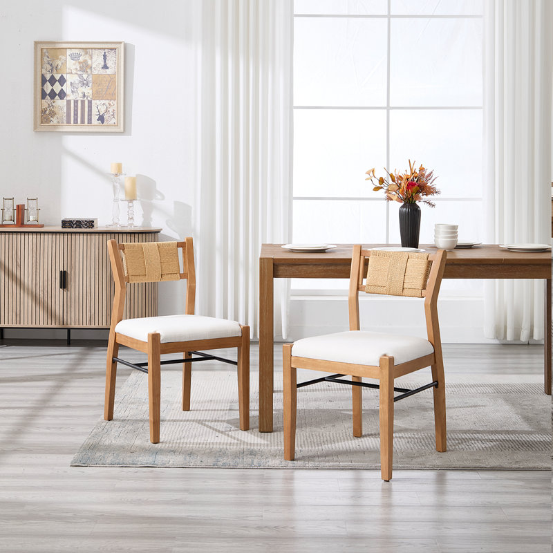Farmhouse Solid Wood Dining Chairs With Braided Rope Backrest, Upholstered Dining Chairs For Dining Room Parlor, Brown, Beige