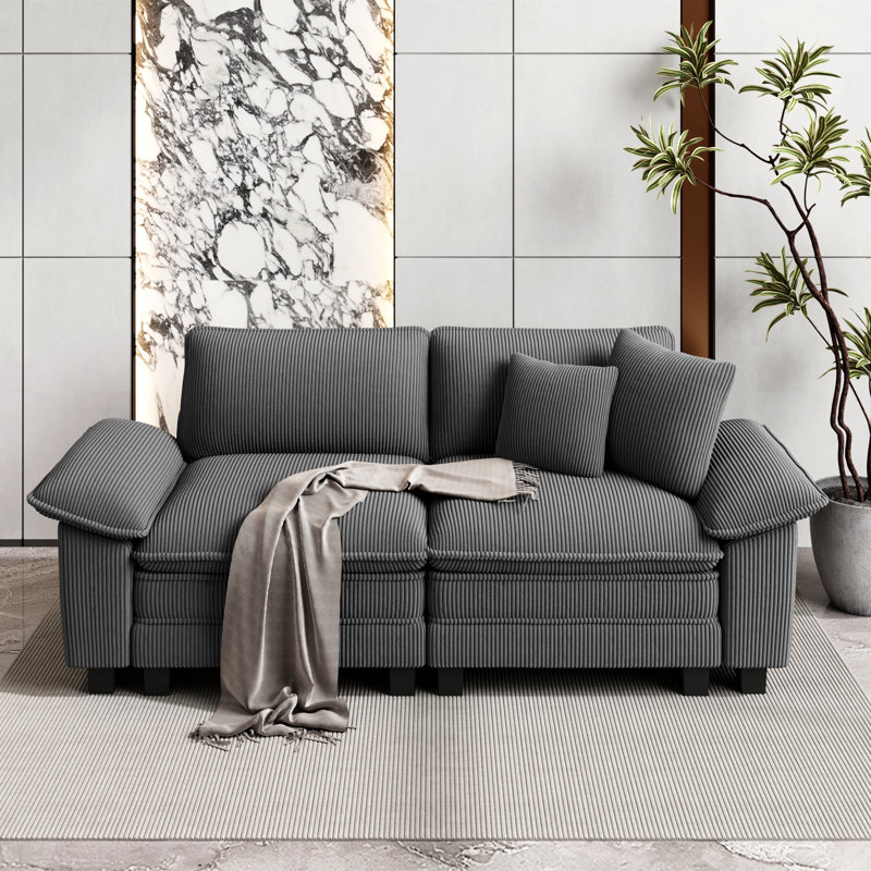2 Seater Chenille Sofa & Chaise, Light Grey Corduroy