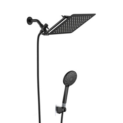 11 Inch Arm Shower Head With 6 Settings - Corrosion Proof Matte Black Metal Hose Finish